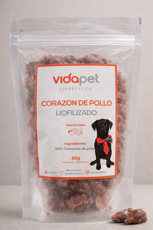 Empaque oficial del snack liofilizado de corazón de pollo de Vidapet