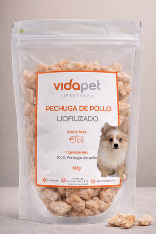 Empaque oficial del snack liofilizado de pechuga de pollo de Vidapet