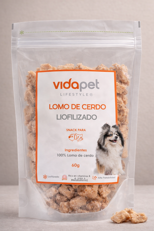 Empaque oficial de los trocitos de cerdo liofilizados de Vidapet